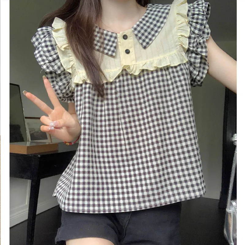 

Sweet Lovely Lattice Flying Sleeve Summer Fashion Women Shirt Niche Baby Shirt Loose Patchwork Comfortable Round Neck Short Tops