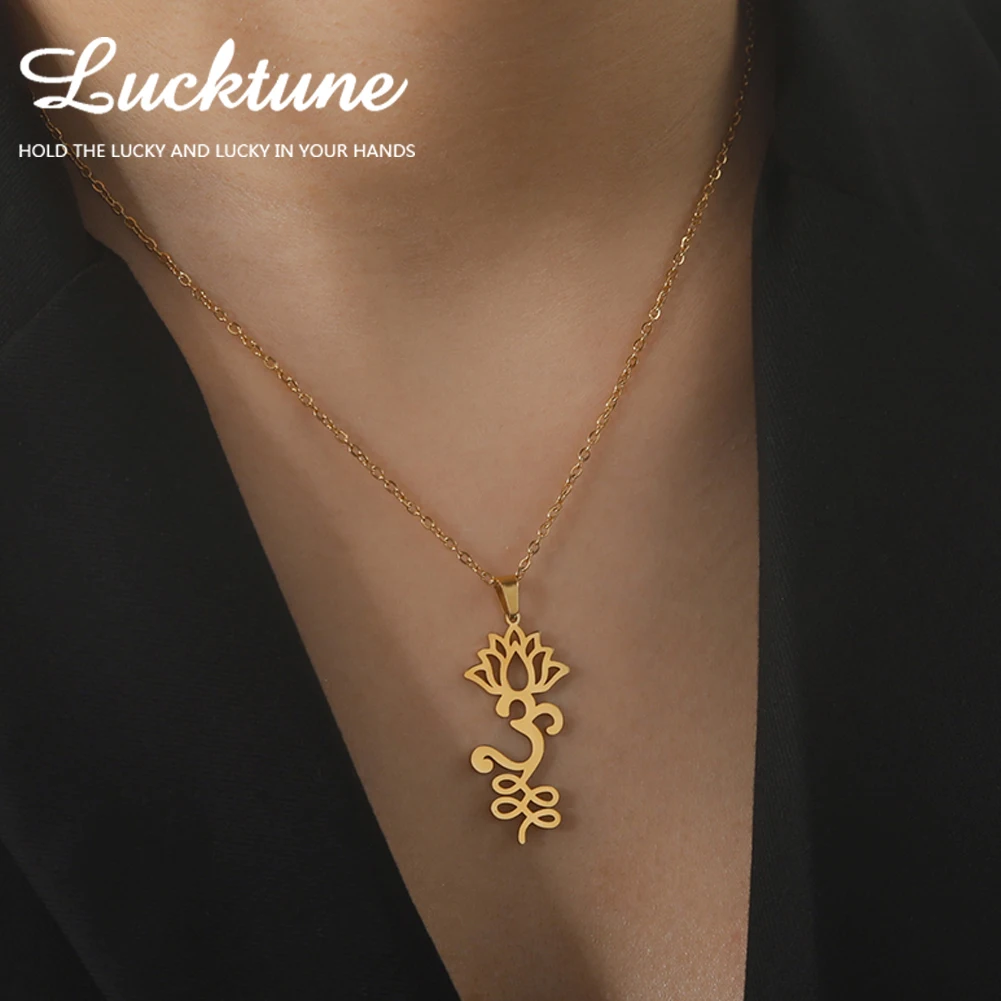 Lucktune Buddhism Lotus Flower OM Pendant Necklace Stainless Steel Unalome Symbol Chain Necklace for Women Men Vintage Jewelry