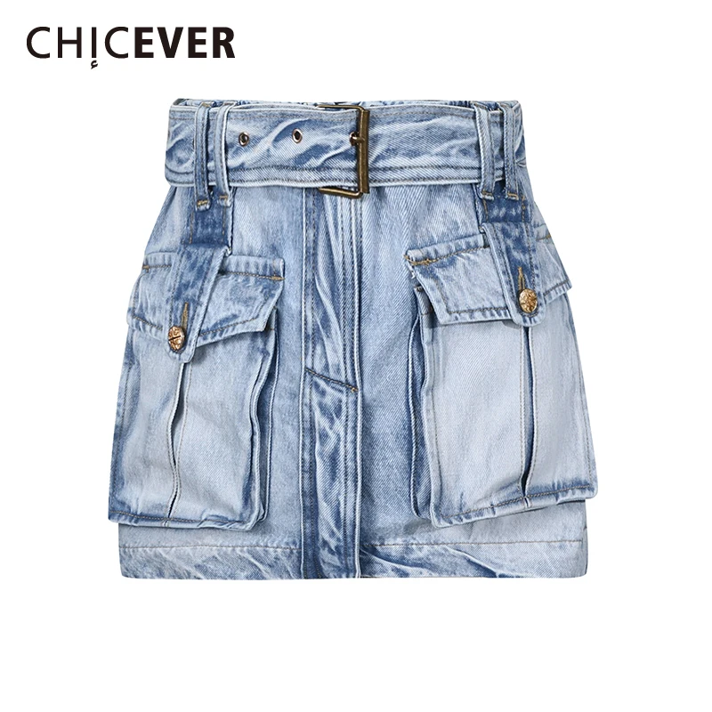 

CHICEVER Blue Spliced Pocket Basics Skirt Female High Waist Slimming Vintage Streetwear Women's Skirts Autumn Style Fashion New
