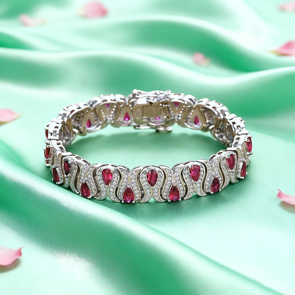 TEMGF 3*5mm Cultivated Emerald/Ruby Gem Bracelet for Women S925 Silver Tulip Design Bangle Party Sparkling Luxury Jewelry Gifts