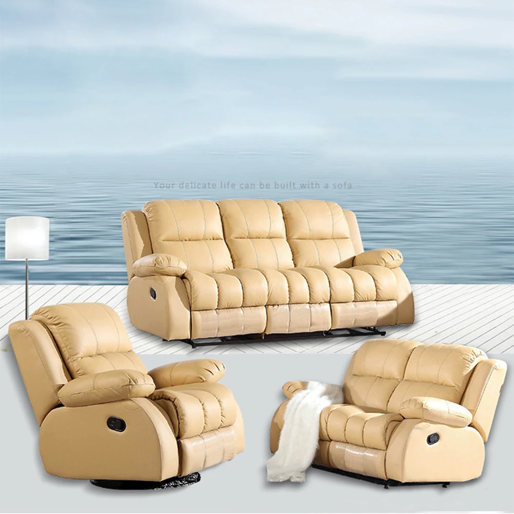 MANBAS Luxury Recliner Sofa Set, Reclining Couch and Loveseat with Armchair, Genuine Leather Living Room Furniture Home Theater