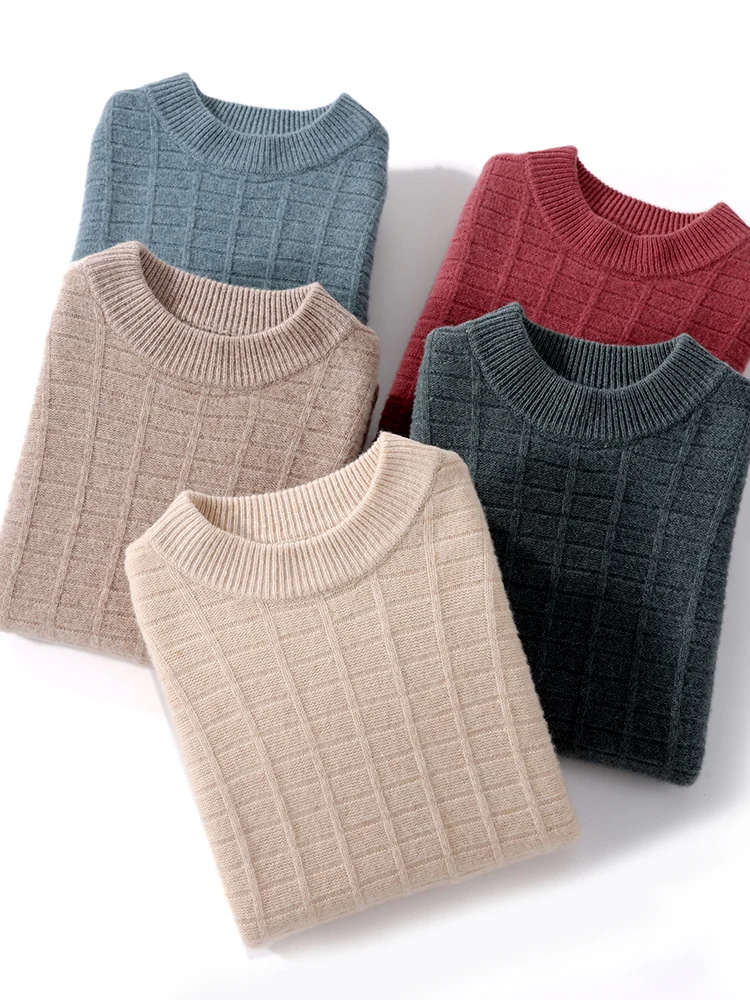 2024 New 100% Merino Wool Men's Sweater Mock-Neck Pullovers Soft Warm Plaid Casual Autumn Winter Thickened Basic Clothes Tops