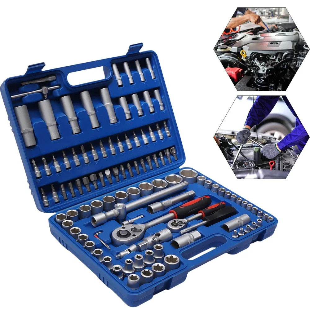 94/108pcs Drive Socket Set Box Ratchet Wrench Set with Sockets Metric Hex Bit Socket Set Mechanic Tool Kits for Auto Repair Hous