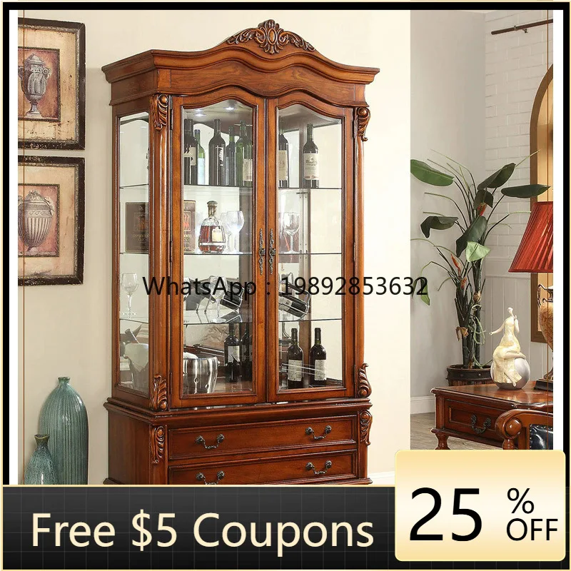 

LYY European Style Double Door Wine Cabinet Solid Wood American Style Living Room Glass Door TV Cabinet Villa Large Apartment