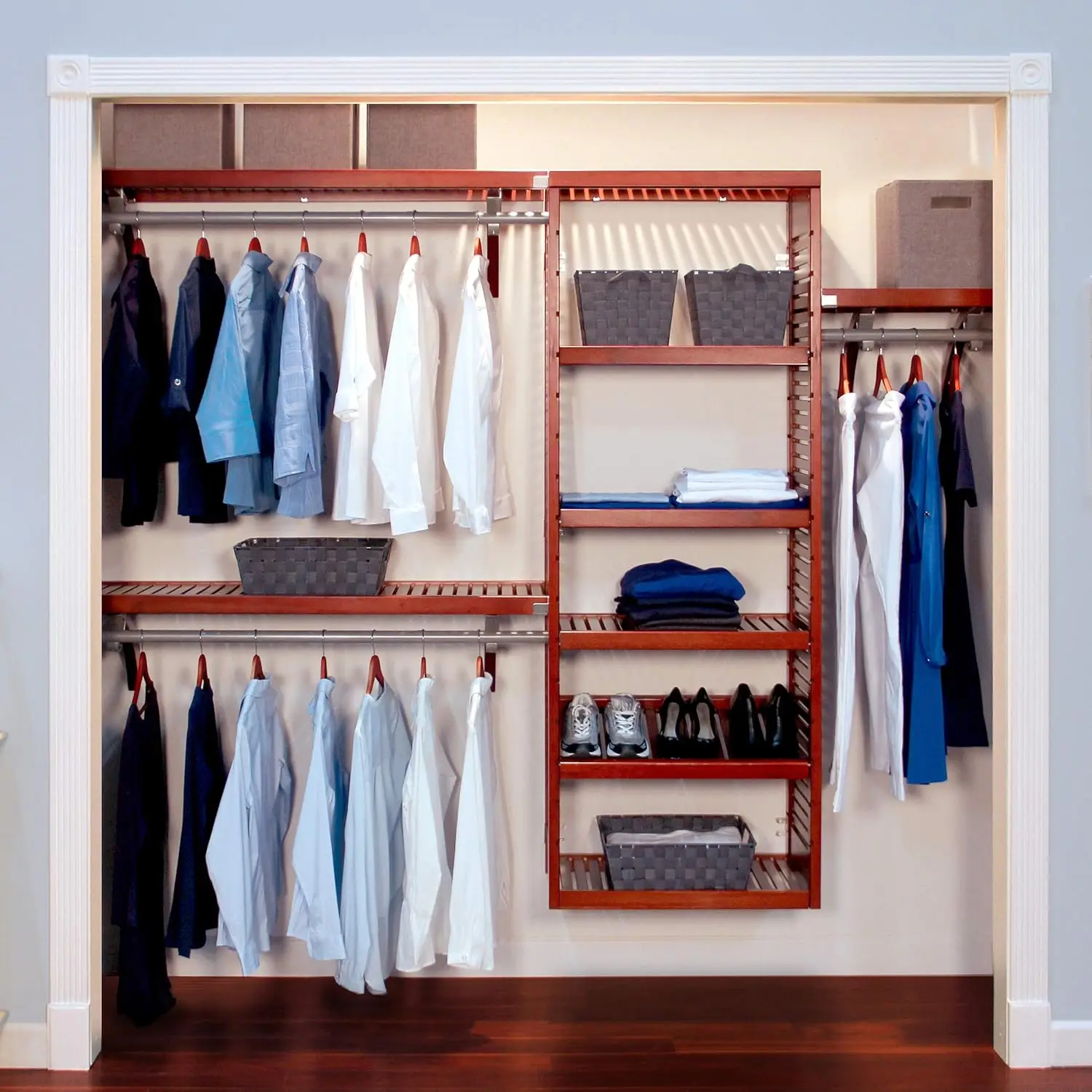 Wood Closet Organizer System with Shelves & Hanging Rods - Wall Mounted Walk-in Wardrobe