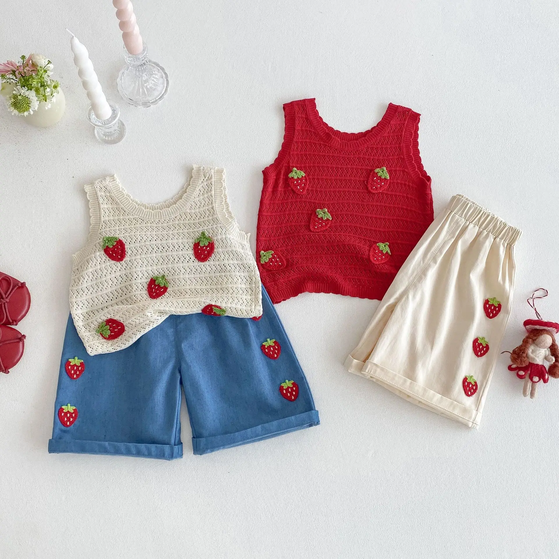 Summer Casual Kids Strawberry Embroidery Set Viscose Knitted Hollow Out Sleeveless Top & Cotton Polyester Straight Leg Shorts