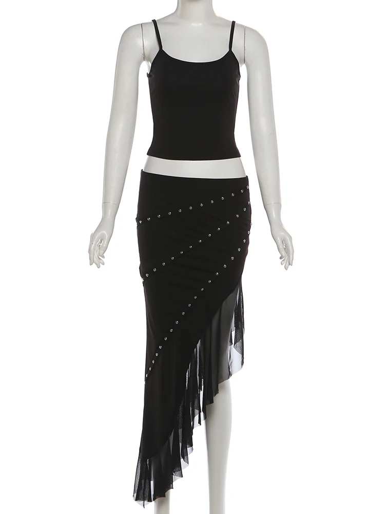 Sisterlinda-Conjunto elegante de 2 piezas para mujer, camisola sin mangas + falda con dobladillo Irregular de retales de malla con remaches, ropa de calle para fiesta de vacaciones