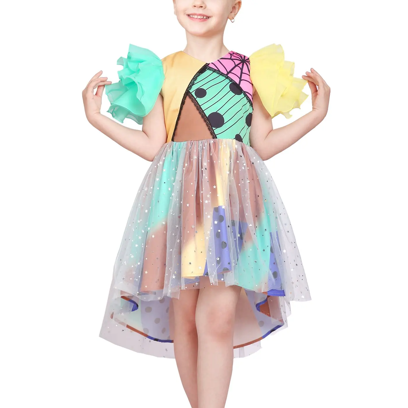 Girls Dress Halloween Color Block Tulle Skirt Multi-color Ruffle Sleeve