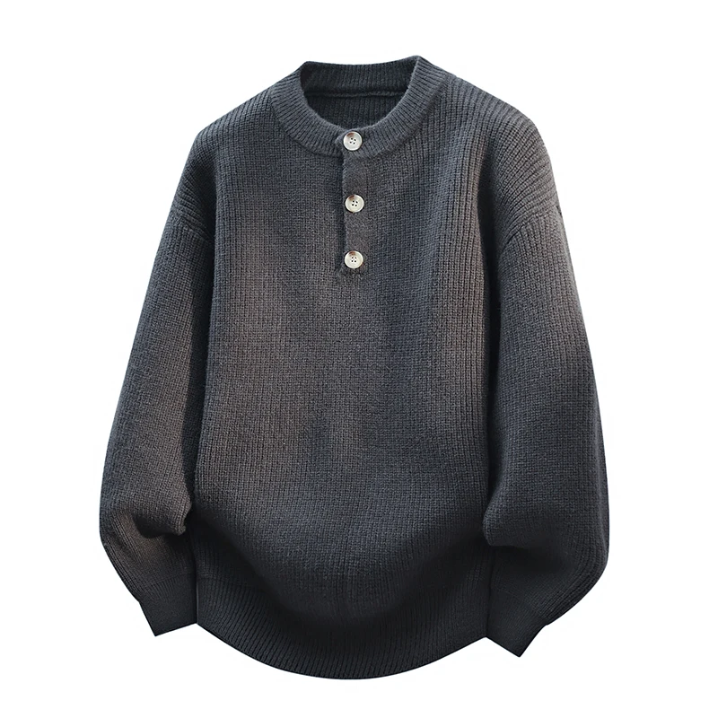 

Мужской свитер в стиле ретро с воротником Генри, свободный повседневный трикотаж с круглым вырезом, удобный, из полиэфирного волокна, с длинными рукавами, молодежный стиль