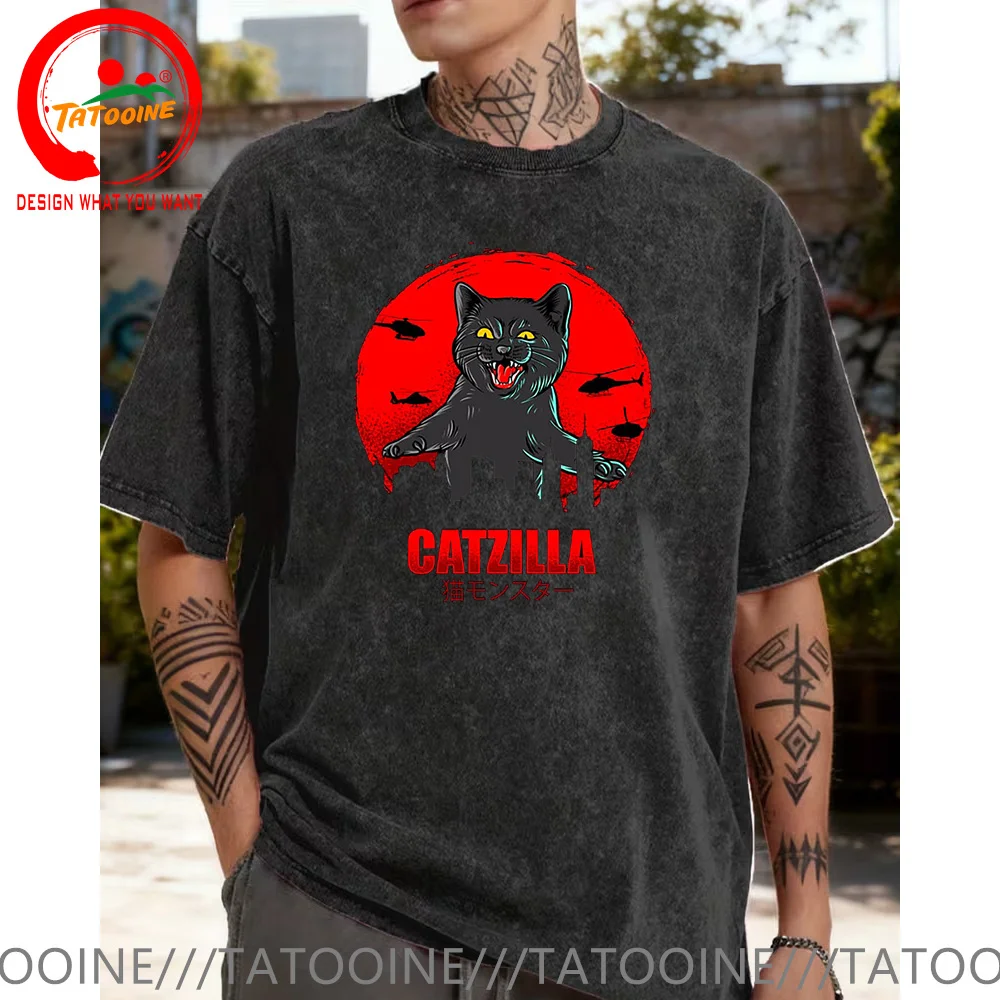

Vintage Washed Cotton Funny Cute Art Japanese Cat Graphic for Cat Lover Catzilla T Shirt Men Clothing Streetwear T Shirt Clothes