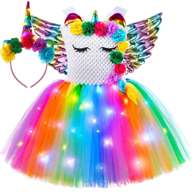 Girls unicorn dress LED light up rainbow flowers Princess Tutu dress baby girl birthday party clothes Halloween costume for kids