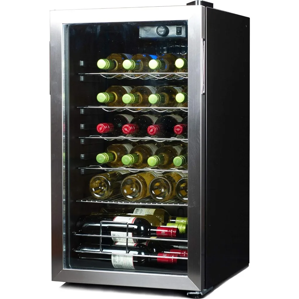 

Wine Cooler Refrigerator, 26 Bottle Compressor Cooling Wine Fridge with Blue Light & LED Display, Freestanding Wine Cooler,