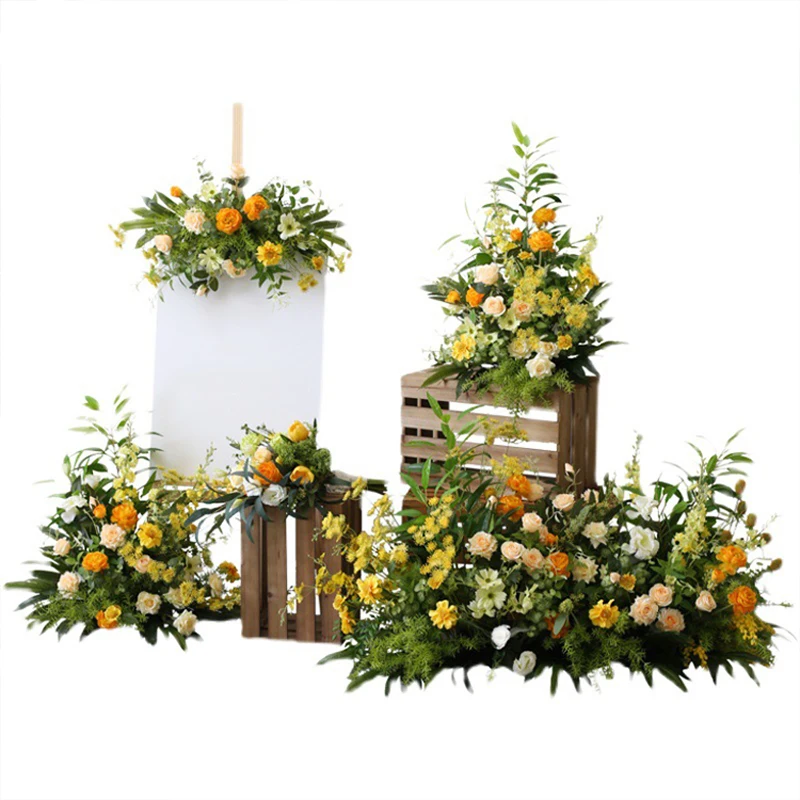 برتقالي أصفر وردي أخضر يترك ترتيب الزهور لإطار الزفاف خلفية الحدث الجدول المركزية الكرة الطابق زهرة صف