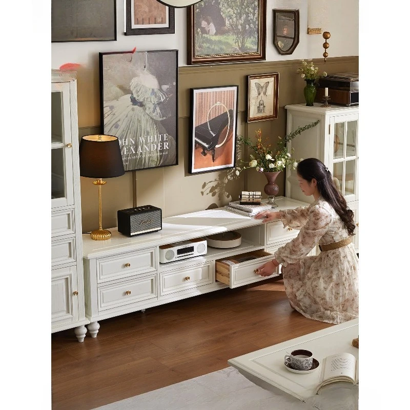 

American all-solid wood TV cabinet French light luxury storage locker white furniture