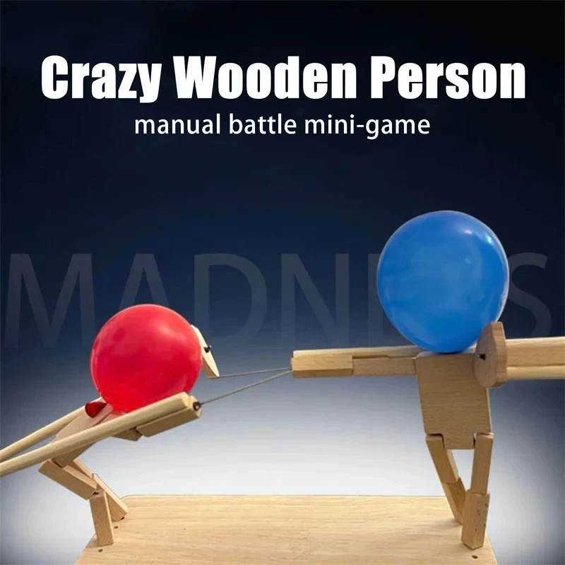 Balloon Bamboo Man Battle Toy Handmade Wooden Fencing Puppet Wooden Bots Two-man Battle Party Game Balloon Fight Toy for Kids