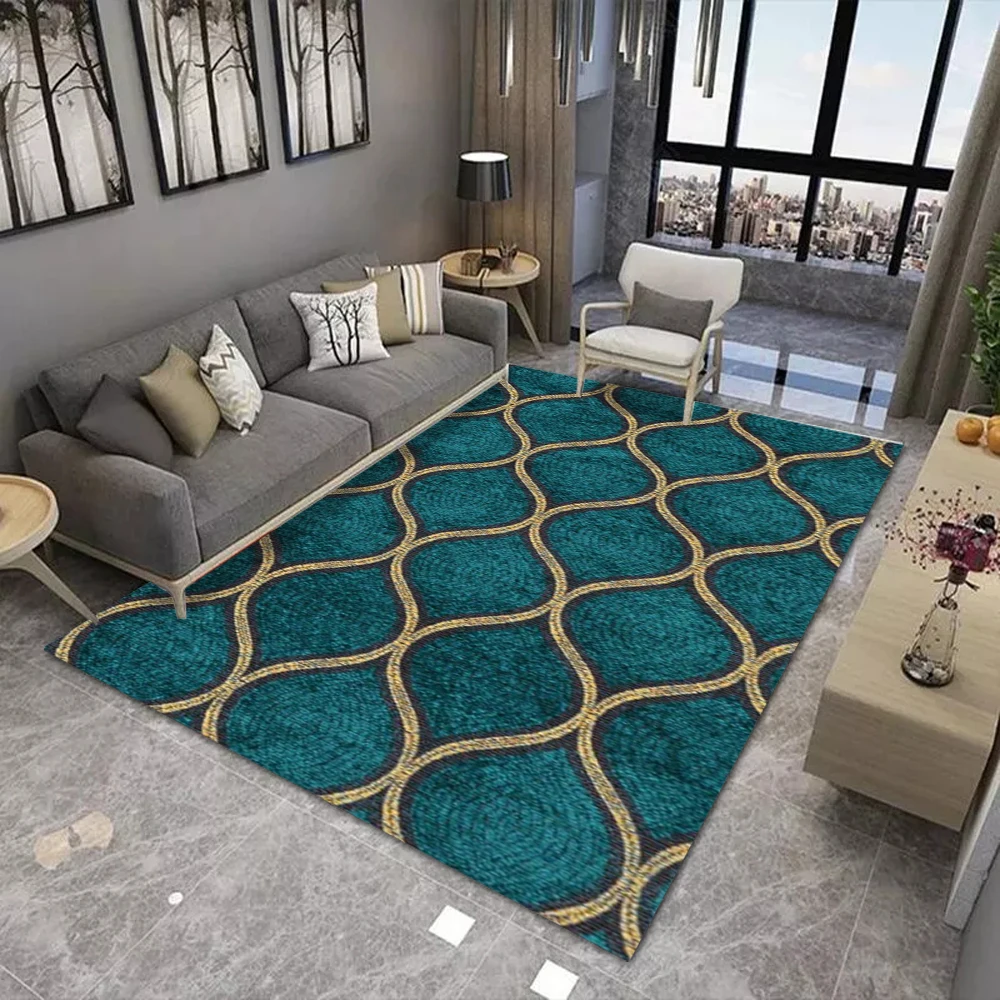 سجادة أرضية هندسية فاخرة وخفيفة وحديثة مع سجادة بنمط خط ذهبي ومموج سداسي ومناسبة لمشاهد متعددة