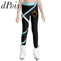Kids Girls Figure Skating Leggings Gymnastics Trouser Patchwork Fleece-Lined Leggings for Ballet Dance Workout Pants Sportswear