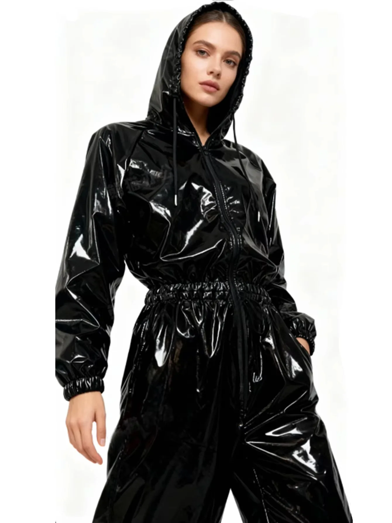 

Women's Hooded Jumpsuit Sexy PU Leather Loose Rompers Solid Color PVC Shiny Wet Look Clubwear Halloween Party Costume
