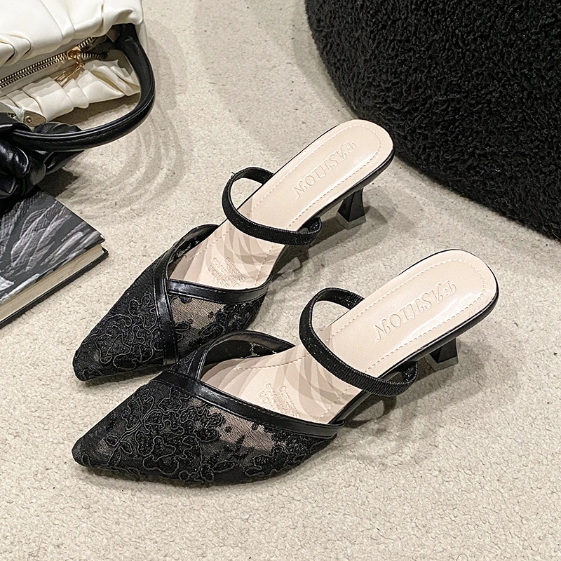 Sexy lace one-strap fashion slippers Women's new summer style high-heeled pointed-toe French-style back-swept slippers Plus-size view 3