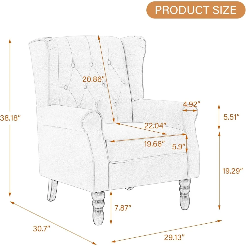 Chaise d'appoint, fauteuil rembourré avec dossier haut capitonné et pieds en bois massif, canapé simple de lecture confortable à dossier ailé pour