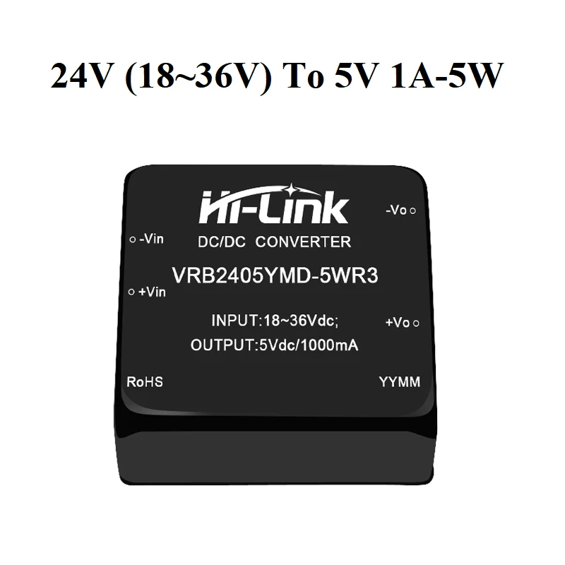 Hi-Link 2pcs 5W 24V To 5V DC-DC Consumer Electronics High Efficiency Switching Isolated Power Supply Module VRB2405YMD-5WR3