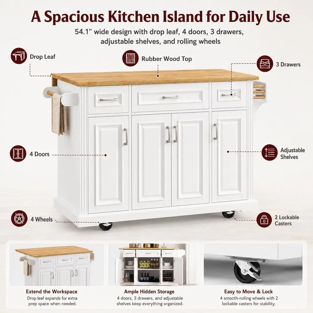 54 White Rolling Kitchen Island with Drop Leaf, Storage Cart, 4 Drawers, 3 Doors, Rubberwood Top, Adjustable Shelves, Wheels