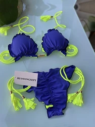 Sexy niebieskie Bikini 2022 nowe Bikini Feminino strój kąpielowy stałe Bikini Set pleciona lina stroje kąpielowe damskie kostium kąpielowy Patchwork Biquinis