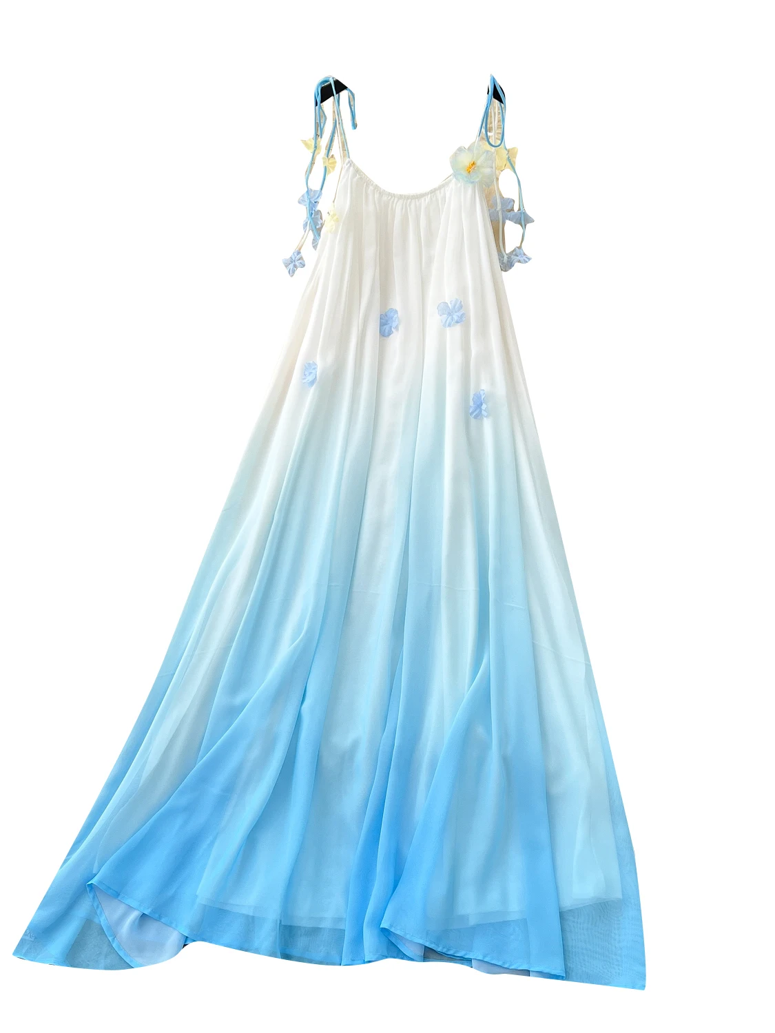 Letnia, zwiewna spódnica w kolorze druhny, z luźnymi ramiączkami, wysokim stanem, o kroju litery A, długa, z kwiatowym wzorem 3D, w stylu koreańskim, idealna do pracy.