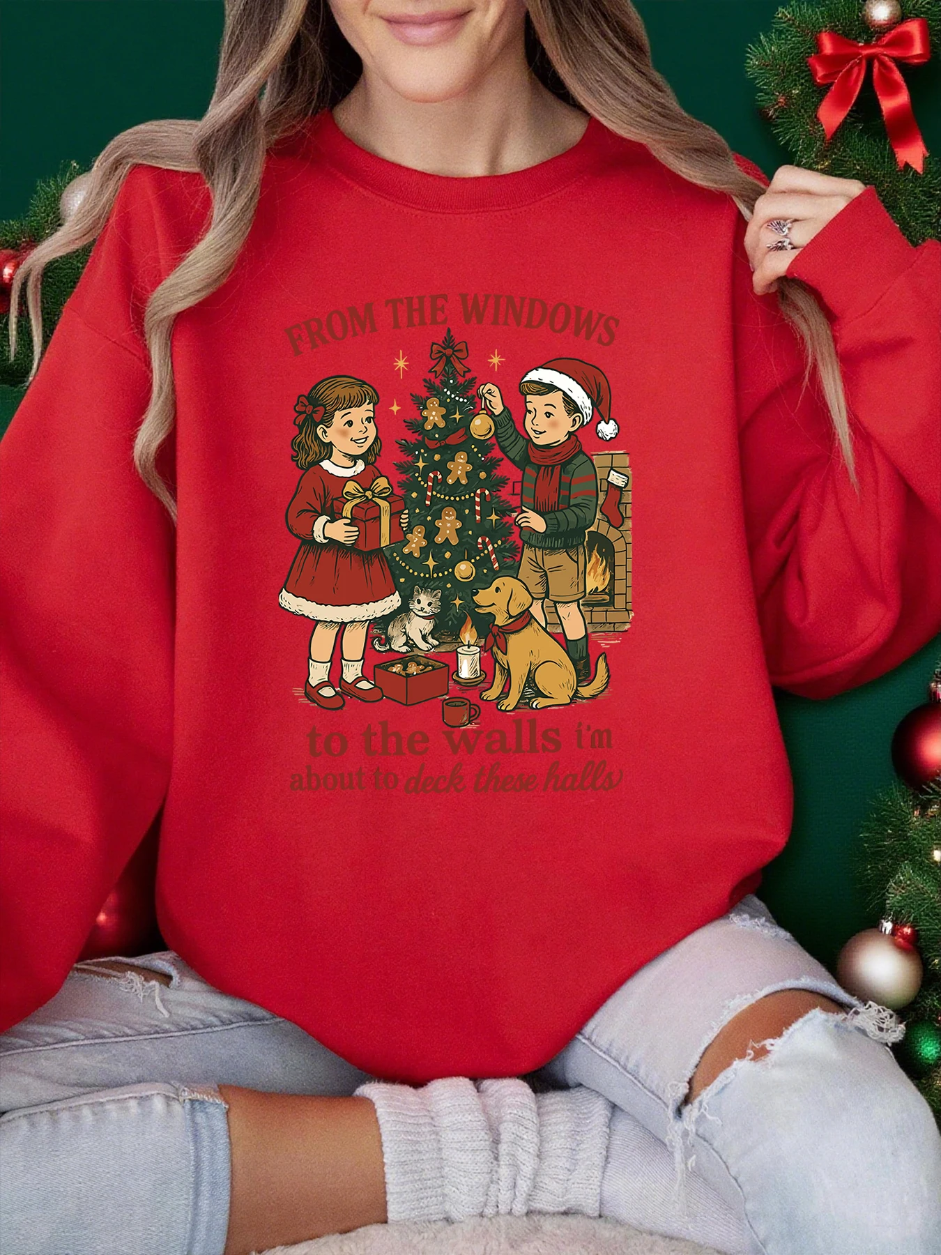 Bluzy z nadrukiem dzieci dekorujących choinkę, moda damska, bluza z kapturem w stylu Y2K, jesienno-zimowe pulowery, polarowe ubrania codzienne