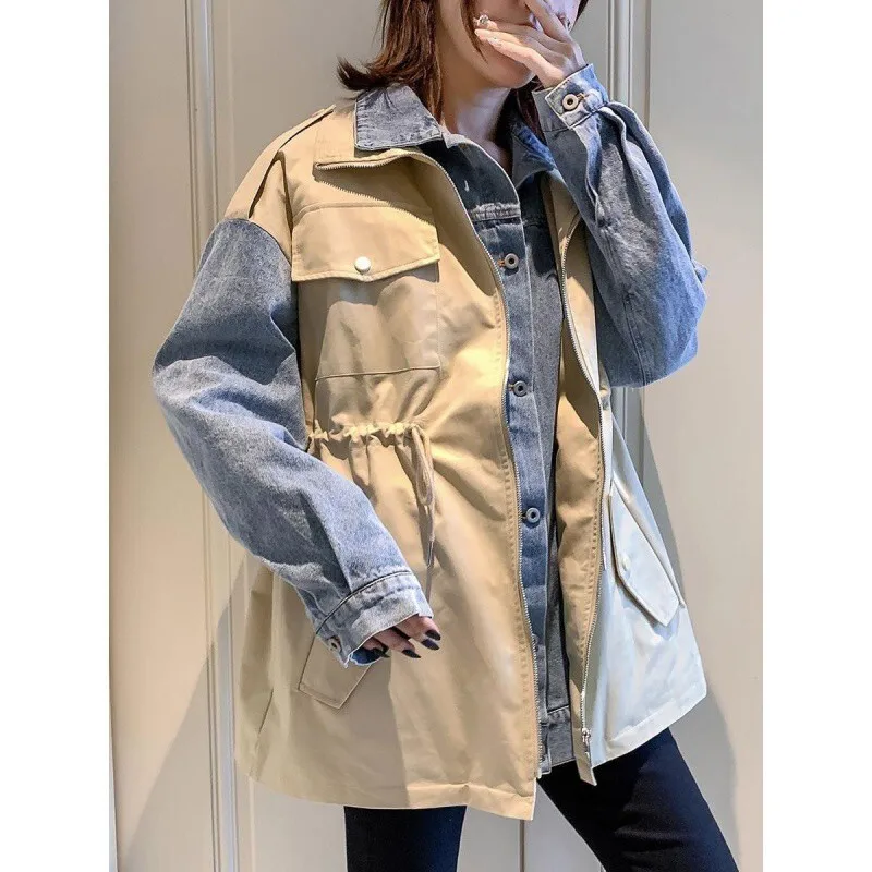 

New Loose Casual Windbreaker For Autumn Winter, With Thick Cotton Jacket And Spliced Korean Denim Workwear, Trendy Outerwear