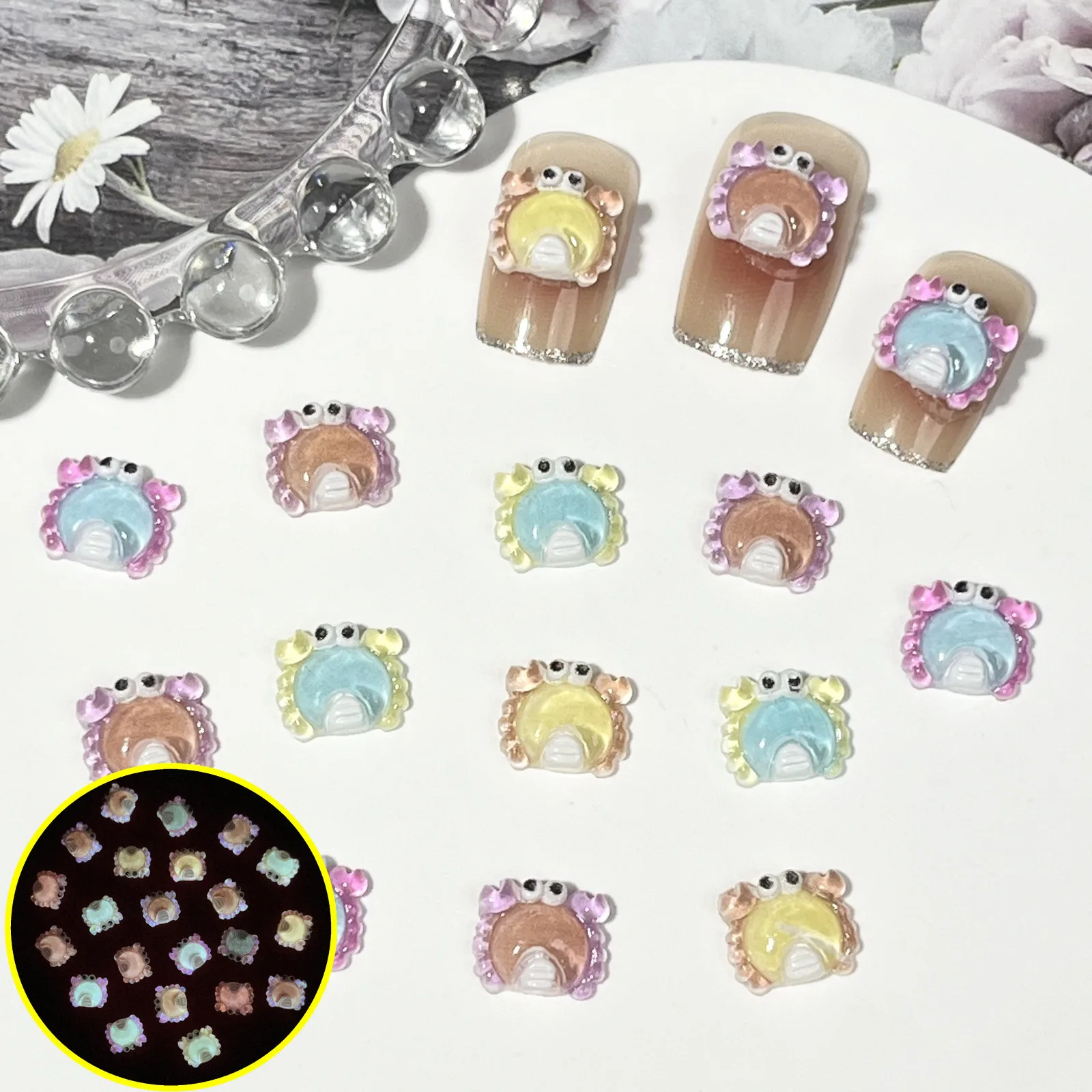 20pcs miniso luminous crab cartoon nail charms for diy nail making cute mini resin flatback nail art decoreation