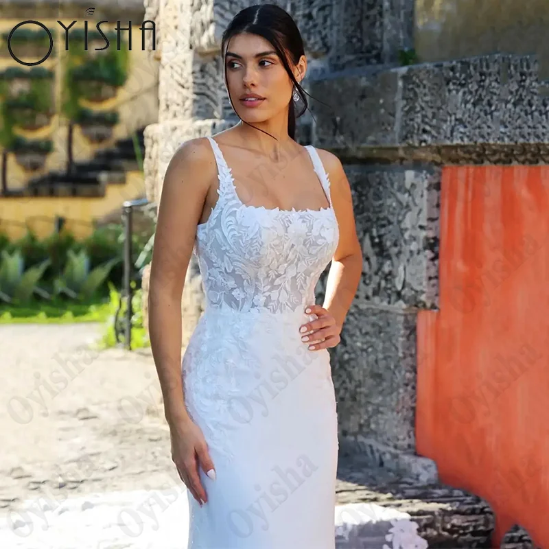 OYISHA colletto quadrato abiti da sposa senza maniche Sexy senza spalline sirena Vestidos De Noiva Appliques di pizzo abito da sposa in raso Colletto quadrato Abiti da sposa senza maniche Sexy Spaghetti Straps Mermaid