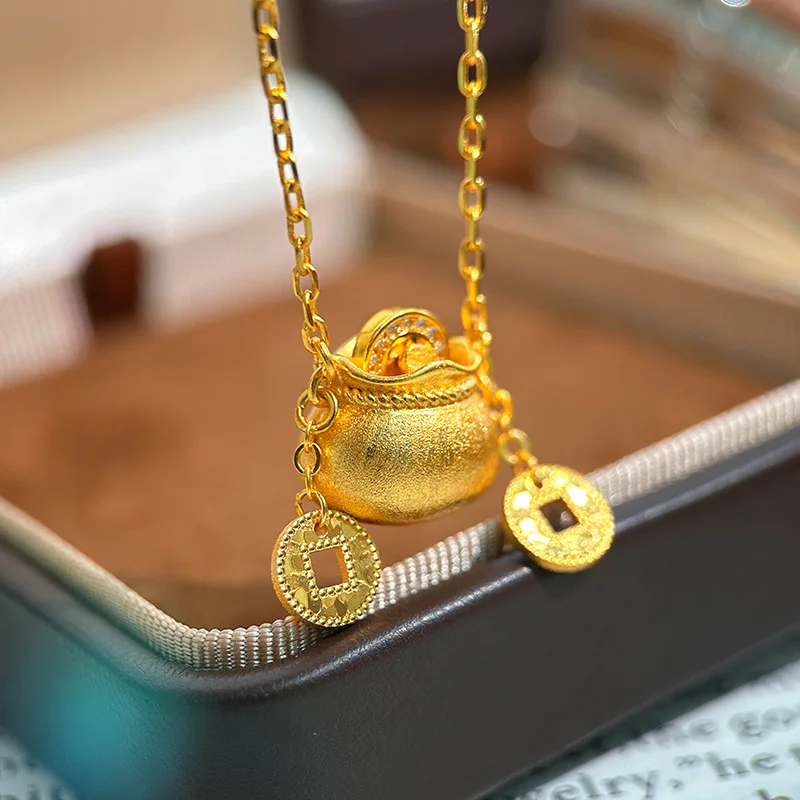 

9999 24K Real Gold Brushed Money Bag Crushed Ice Double Coin Pendant Necklace Women's Fashion High-end Clavicle Chain