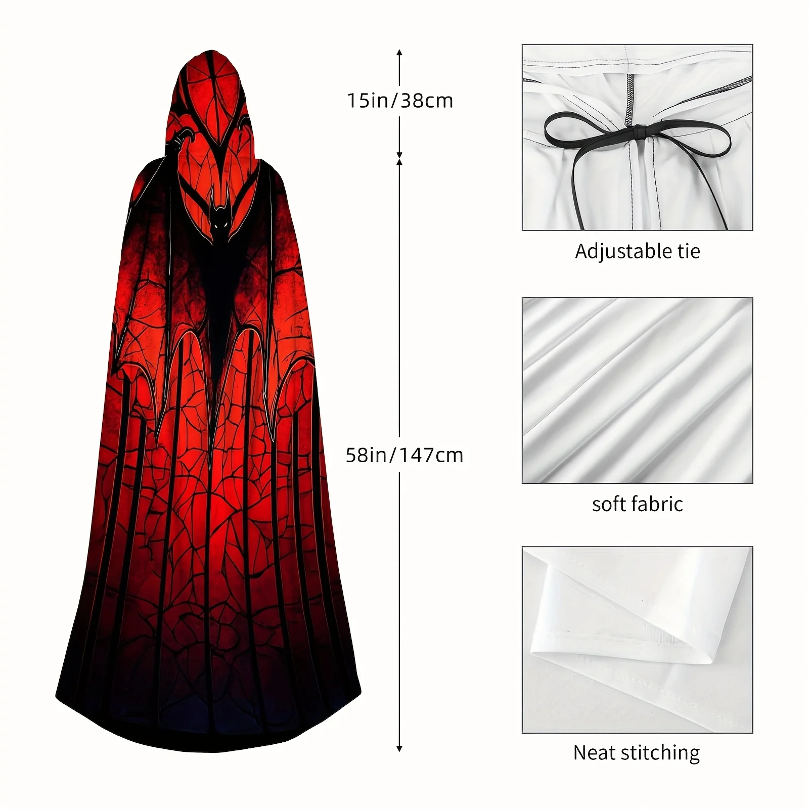 1pc Halloween-kostuum met capuchon - Gebrandschilderd glasstijl met vleermuissilhouet Rood licht Machinewasbaar polyester