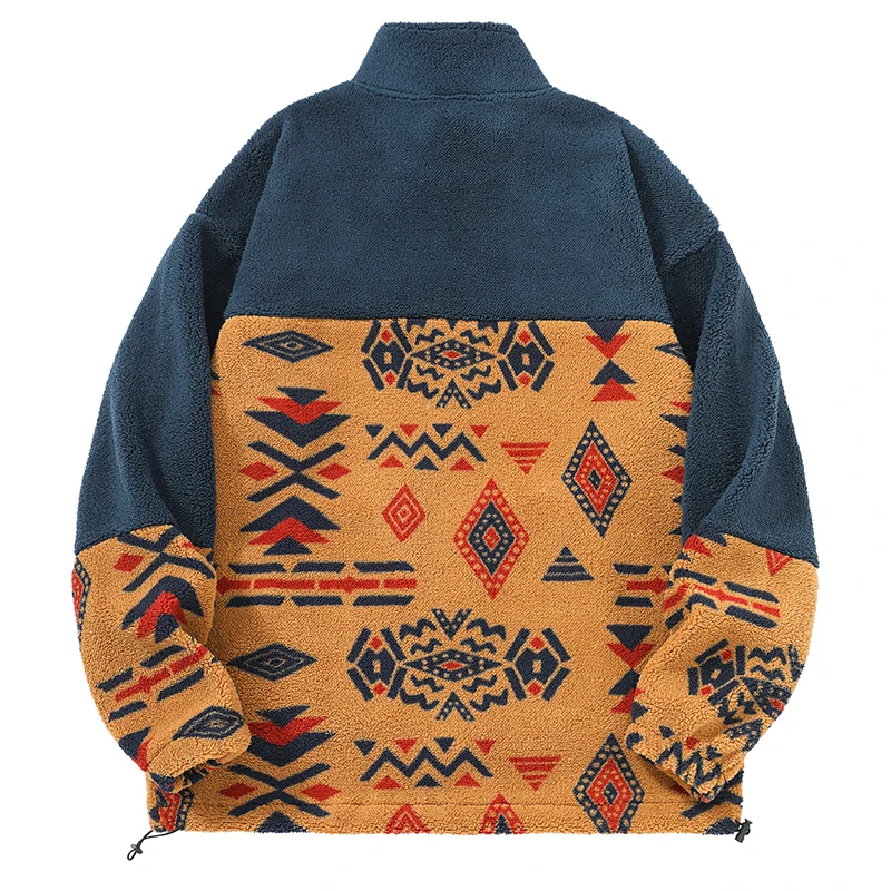 Outono e inverno tendência da moda retro estilo étnico retalhos gola alta jaqueta de lã masculina casual solto casaco à prova de vento