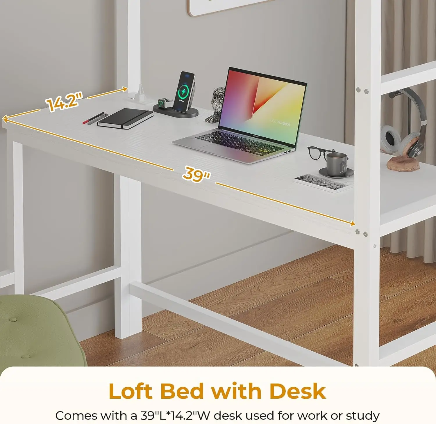 سرير توأم مع مكتب، 8 أدراج، أضواء LED، أبيض