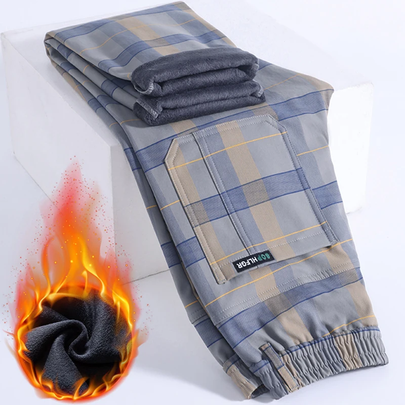 

2024 New Winter Luxury Plaid Check Pattern Fleece Thick Warm Casual Pants Men Business Velvet Korean Pocket Long Trousers Male