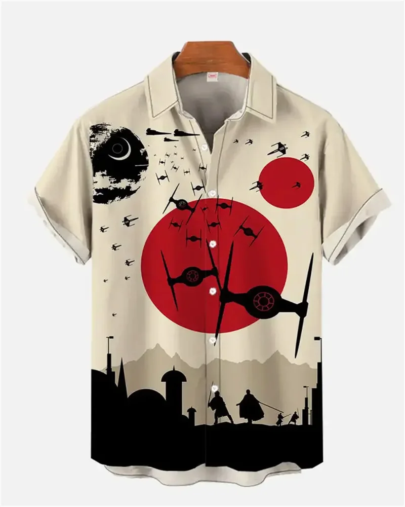 2024 Space War Spaceship and Warrior Red Sun Silhouette Short Sleeve Shirt Comfortable Fashion Men's Shirt Oversized Design 5XL