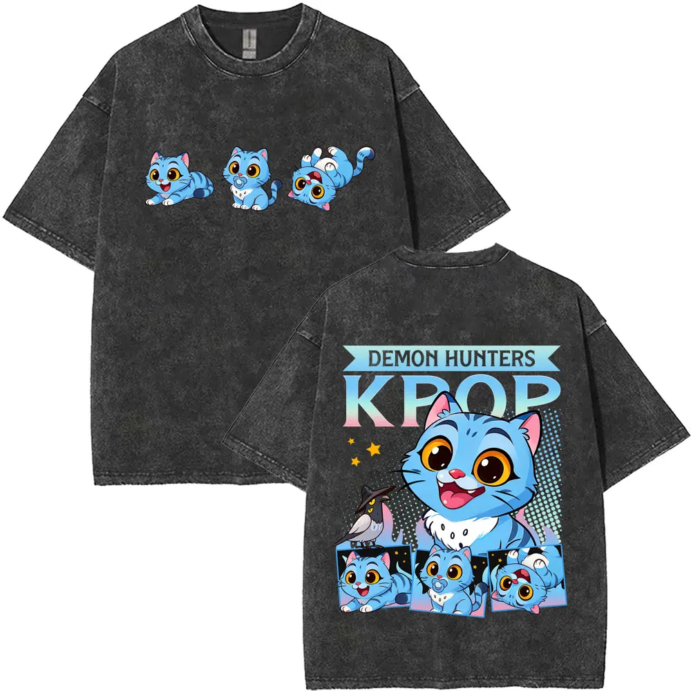 

Hot Sale New Kpop Demon Hunters Derpy Tiger Washed Vintage T-shirt Men Women Clothing Fashion Cartoon Trend Crewneck T Shirts