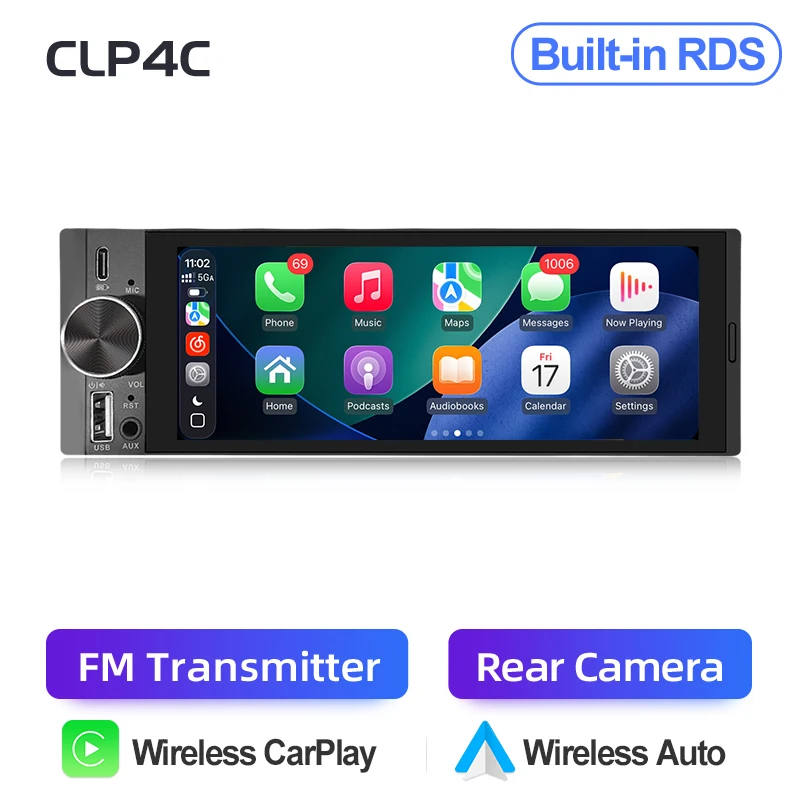 Junsun 6.86 inch universele 1-DIN autoradio MP5-speler met draadloze Carplay, Android Auto, multimediasysteem, achteruitrijcamera, 1280*480 IPS touchscreen, Mirror Link, GPS-navigatie, Siri, BT, SWC,