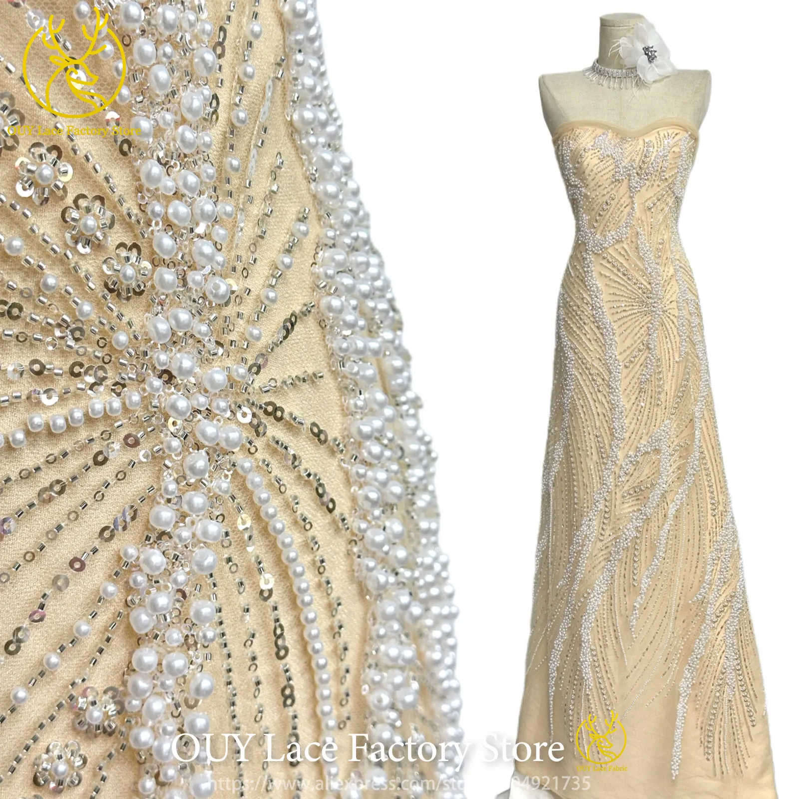 Luxury African Heavy Beaded Sequins Lace Fabric 2026 French White Beaded Lace Nigerian Embroidery Tulle Lace Wedding Fabric