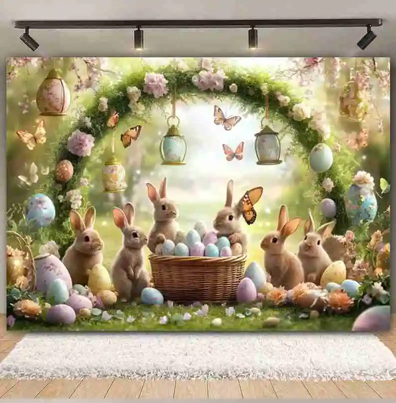 Happy Easter Photography Backdrop Arch Floral Butterfly Rabbit Egg Easter Kids Baby Birthday Background Decor Photo Studio Props