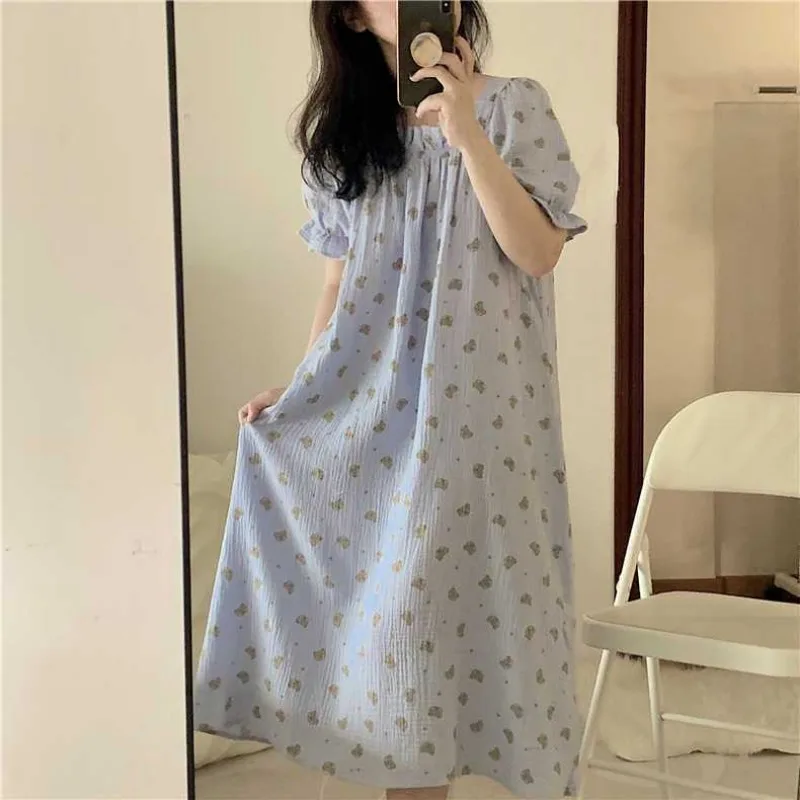 Korean Version Ins Pajama Women Summer New Nightgowns Short Sleeved Sweet Princess Dress Bubble Sleeves Sleepshirts Homewear