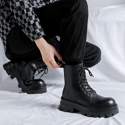 Fashion Men Short Boot Platform Winter New Leather Classic Black British Style Genuine Leather Thick Sole Lace Up Mid Top Boots