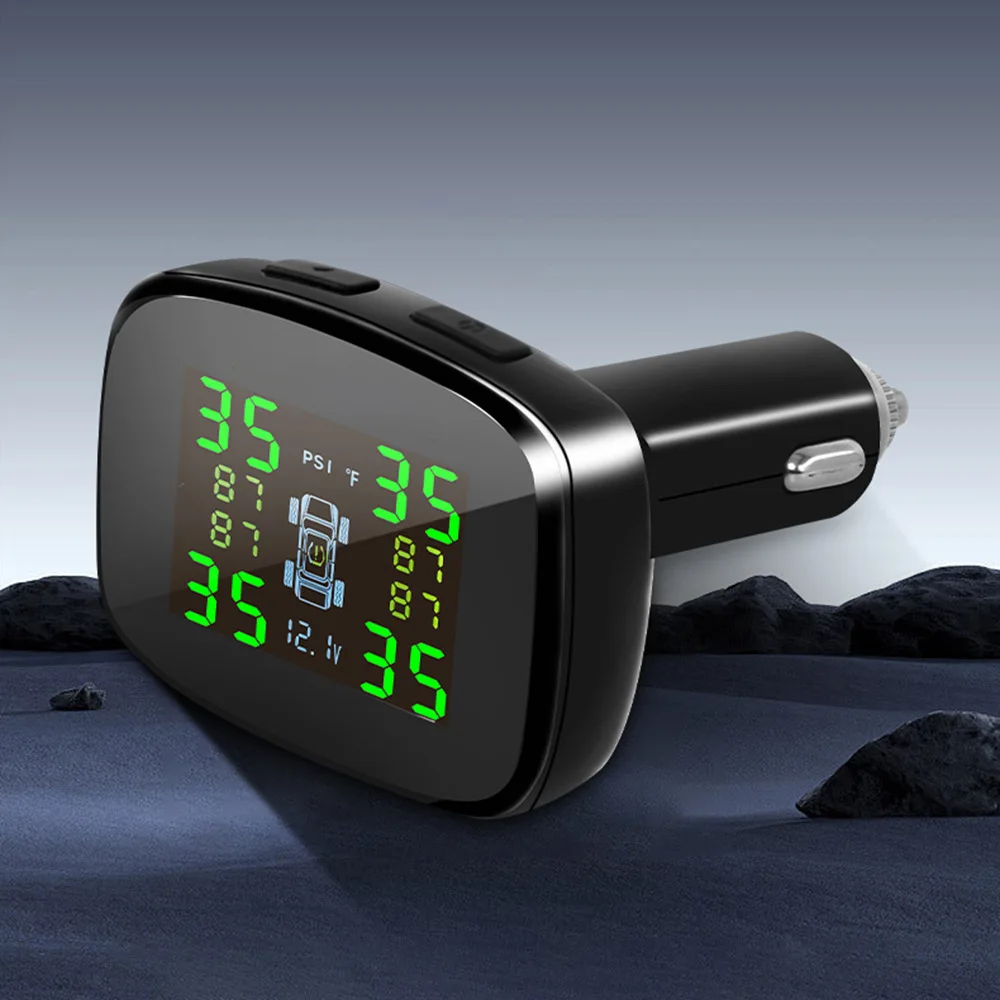 Wireless TPMS Tire Pressure Monitoring System with Cigarette Lighter Display, Dual USB Type C Charger, 4 External Internal