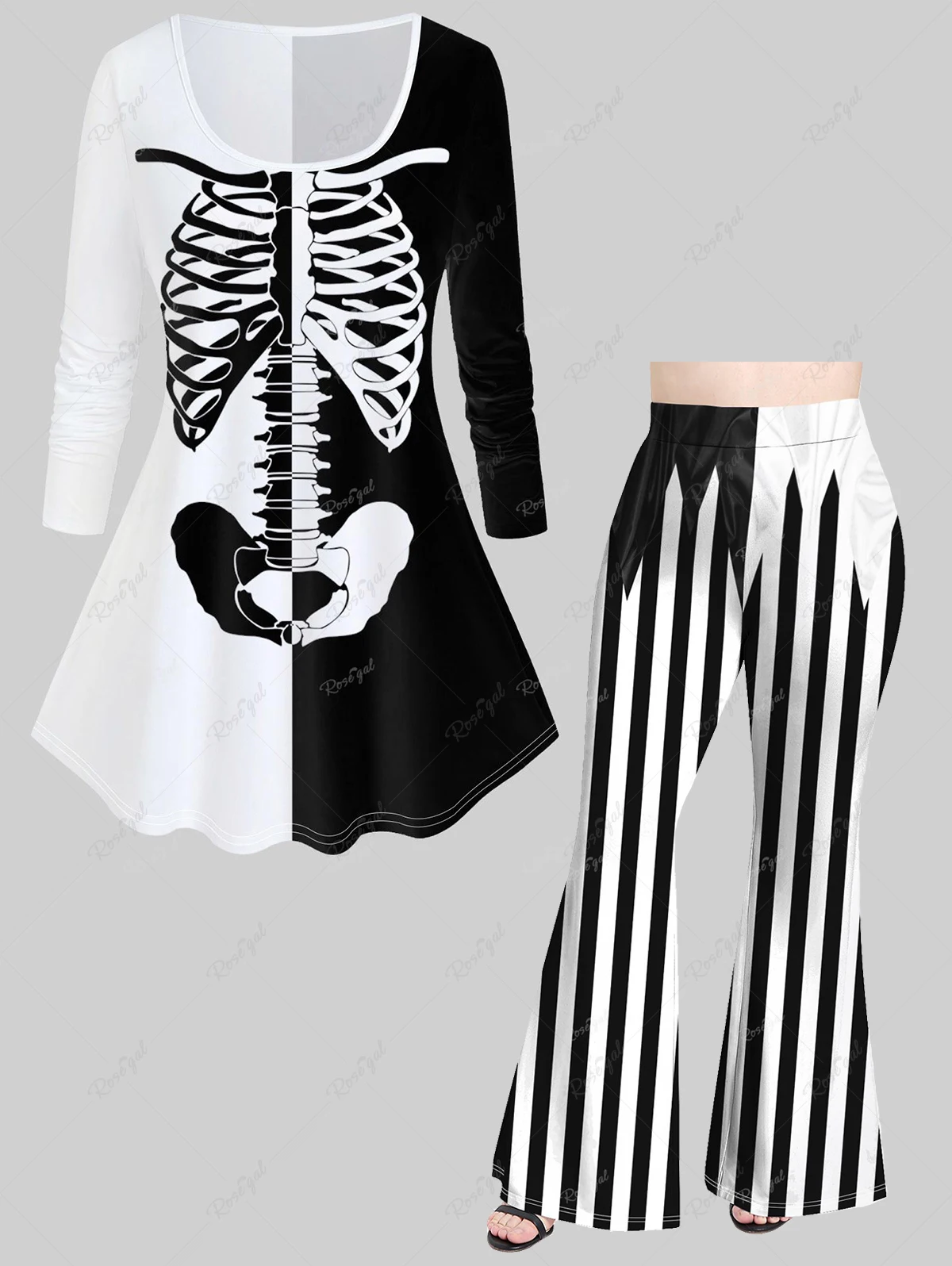 Halloween Colorblock Skeleton Printed T-shirt Or Black White Stripes Colorblock Print Flare Pants Ladies Casual Matching Set