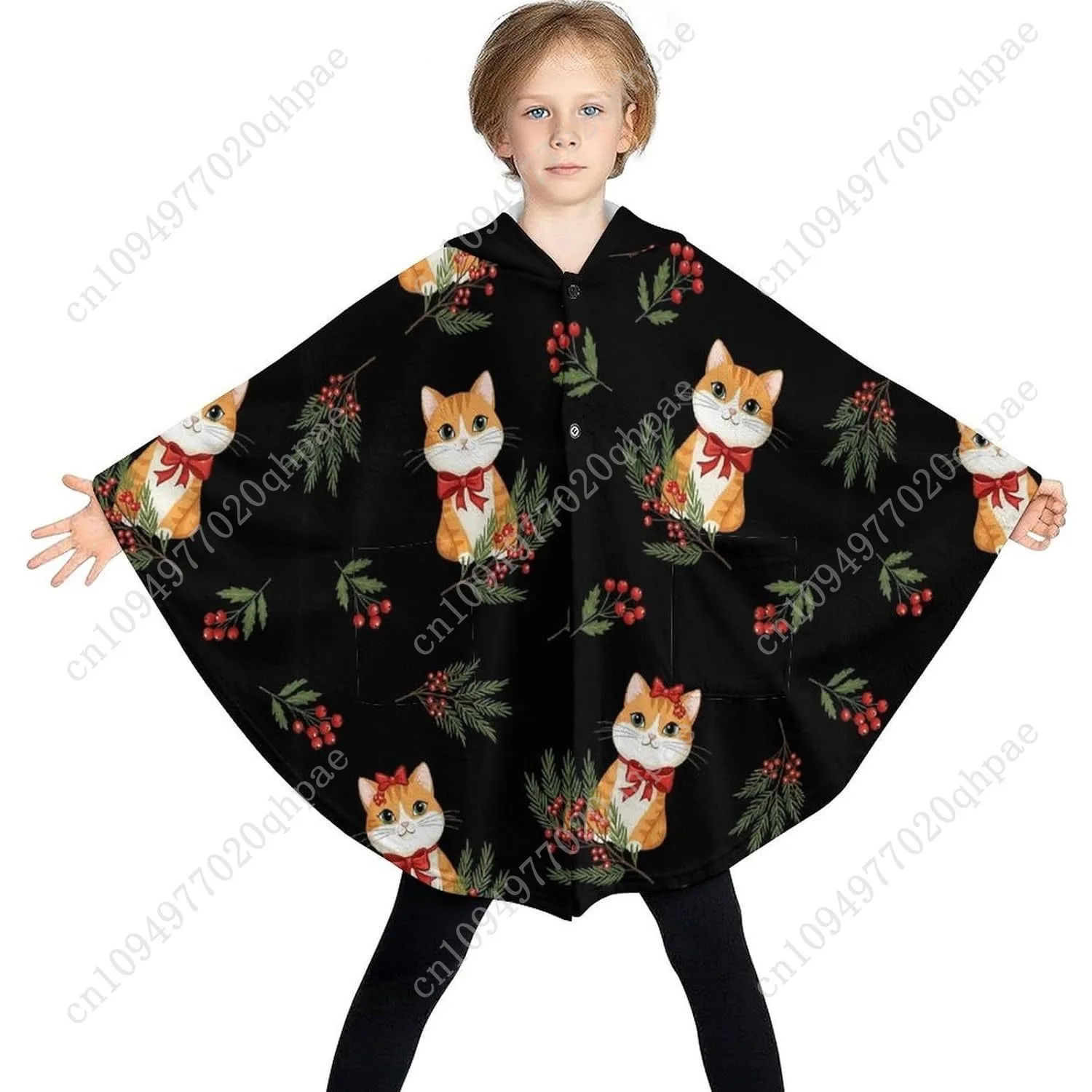 سترة بطانية مريحة من الفلانيل، هوديي كبير الحجم بأقواس حمراء للقطط مع جيوب للأطفال والمراهقين