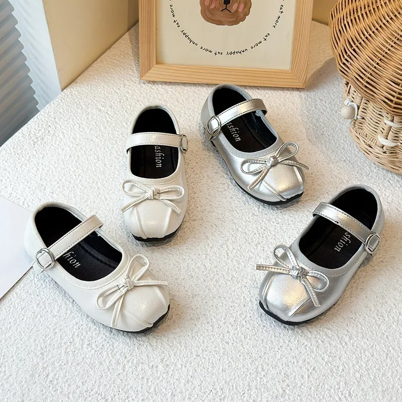 

Girl Bow Princess Shoes Silver Baby Soft Spring Autumn Baby Toddler Flats Children PU Leather Kids School Student Loafer