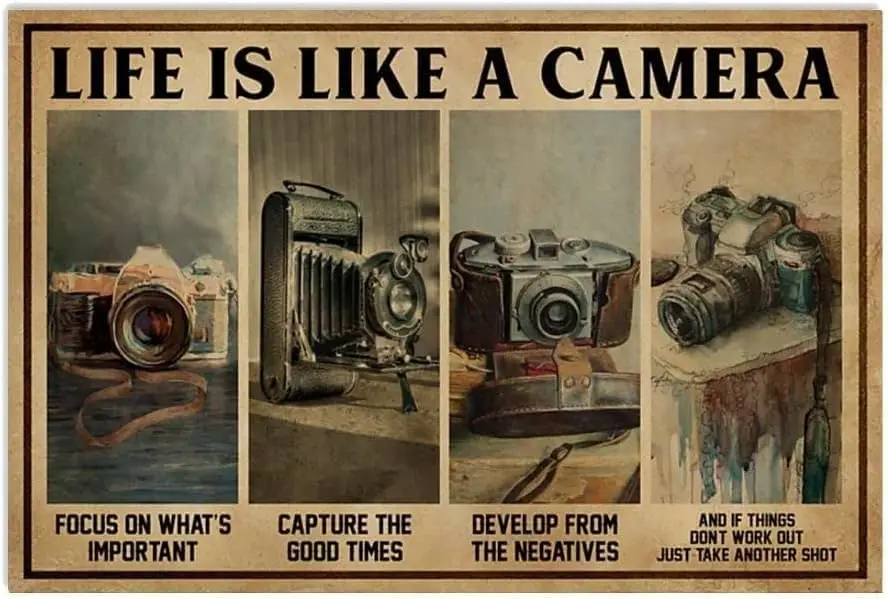 Metallschild Dekoration „Life is Like A Camera“ Retro Metallschild Vintage Heimdekoration Rustikale Aluminium-Blechschilder Wandkunst Metallposter