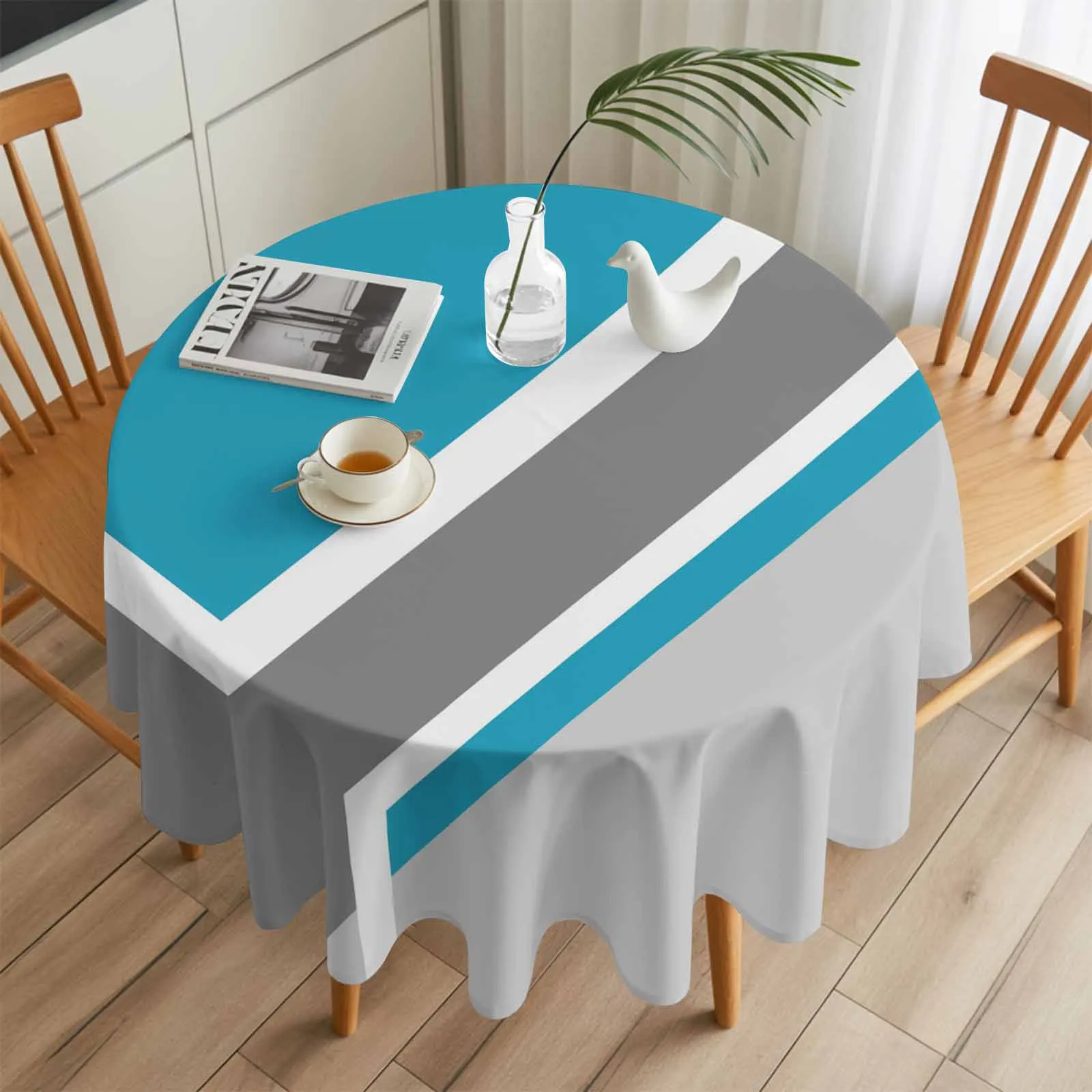 

Modern Geometric Teal Darker Gray Round Table Cloth Festival Dining Tablecloth Waterproof Table Cover for Wedding Party Decor